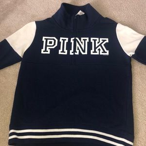 Pink varsity quarter zip, never worn, navy